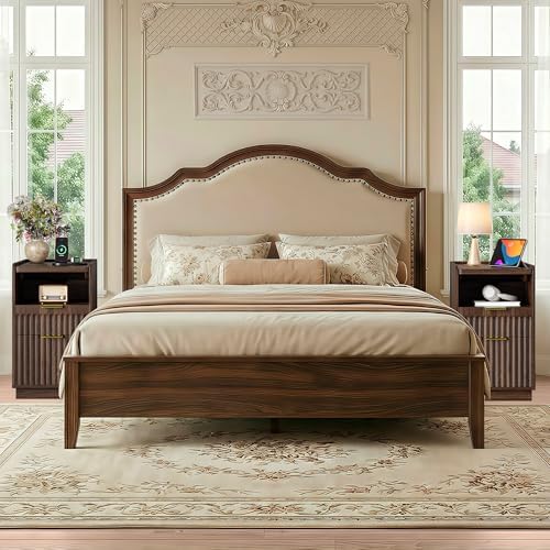 iPormis Fluted Narrow End Table Set of 2 with Charging & 2 Drawers, Walnut