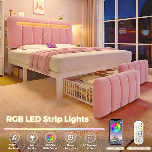 Jocoevol Queen Bed Frame with Storage Headboard,Upholstered Princess Bed Frame Queen Size with Storage Drawers and Charging Station,Velvet Platform Metal Bed, Noise-Free, No Box Spring Needed