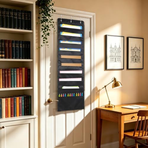 Pocket Chart for Classroom, Storage File Folders Pocket Chart, Hanging Wall File Organizer with 3 Over Door Metal Hangers Pocket Charts Organizer for School Office Mailbox