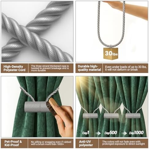 Hion Magnetic Curtain Tiebacks Grey 4pcs, Curtain Holdbacks Hooks Holders