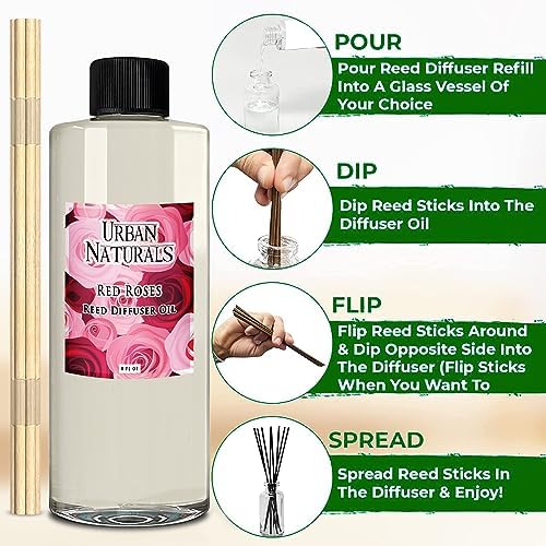 Urban Naturals Reed Diffuser Oil Refill Red Roses with White Peony, Cashmere Wood 8 oz + Free Reed Sticks, Made in the USA