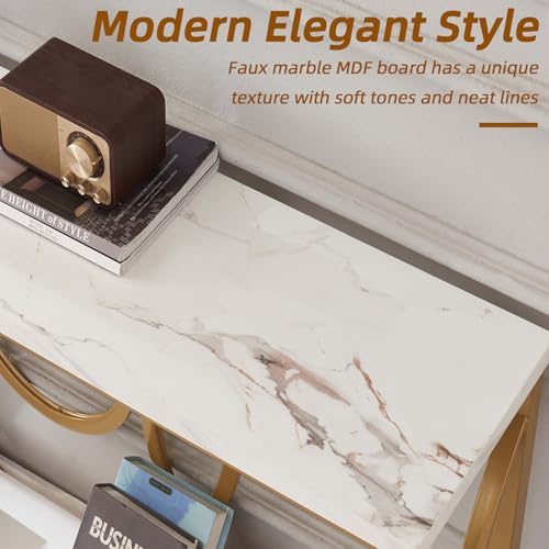 Entryway Narrow Console Table, 55 Inch Long Gold Sofa Table, White Marble