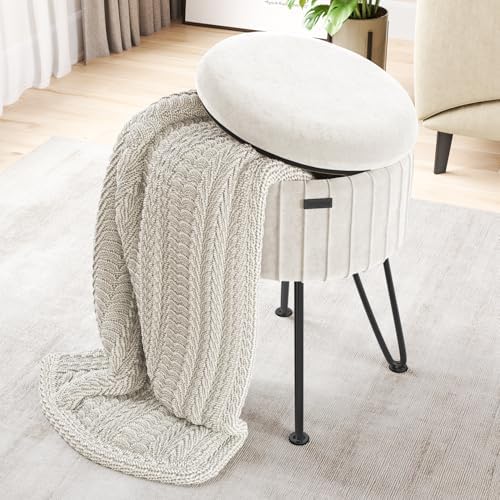 Round Ottoman with Storage, Pleated Velvet Storage Ottoman, Foot Stool Ottomans, Makeup Vanity Stool, Small Ottomans Foot Rest, Modern Vanity Stools for Living Room and Bedroom, Cream