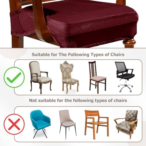 Havawish Extra Wide Dining Chair Seat Covers, Wine Red, Velvet, 6 Pcs