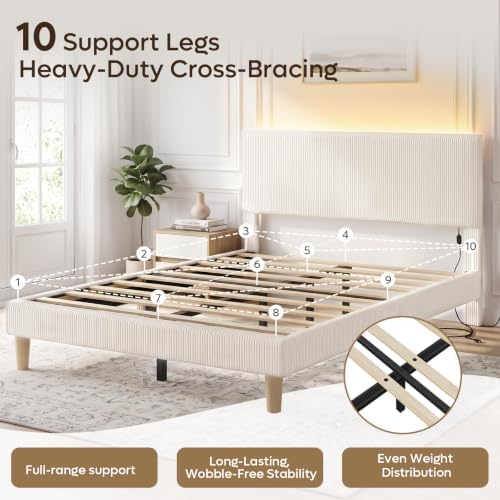 Bestier Queen Bed Frame with Headboard LED Lighting,Upholstered,Beige