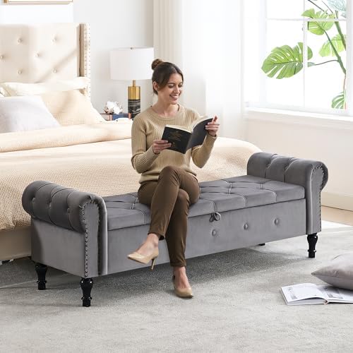 Storage Bench 67" Velvet End of Bed Benches Dark Grey