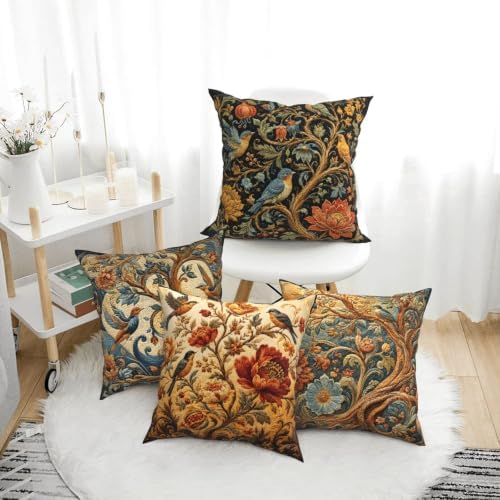 Bird Print Decorative Throw Pillow Covers 18x18 Inch Set of 4