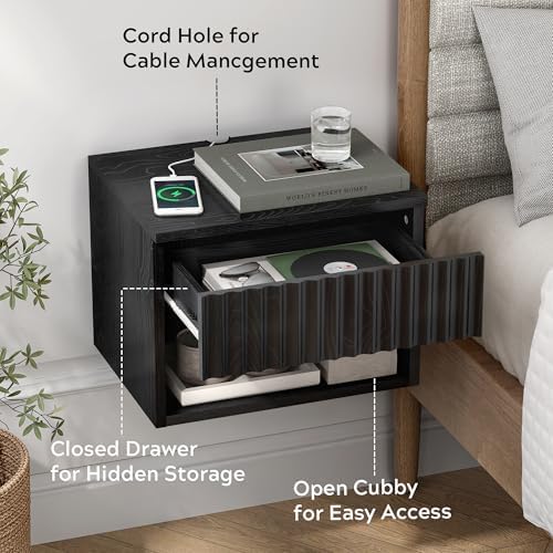 EYYTHUNG Fluted Floating Nightstand Set of 4 with Drawer, Modern Night Stand with Fluted Door and Open Storage Shelf Wall Mounted Bedside Table for Bedroom, Entryway Black