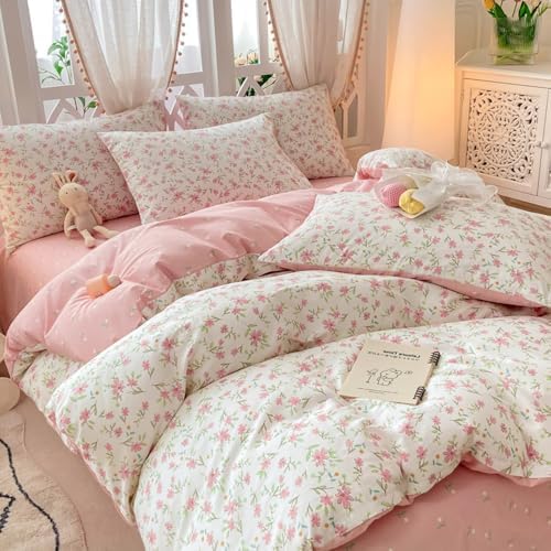 Pink Flower Duvet Cover Set 100% Cotton Queen(90"x90"),Pink White