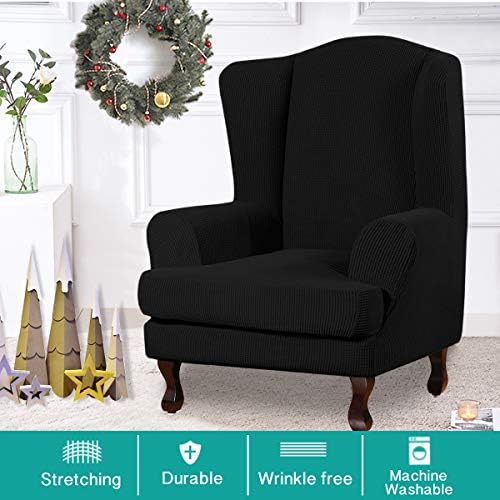 Turquoize Wingback Chair Covers 2 Piece Wing Chair Slipcover Stretch Slipcovers for Wingback Chairs Wing Chair Cover Spandex Jacquard Fabric with Elastic Bottom Non-Slip Furniture Cover, Black