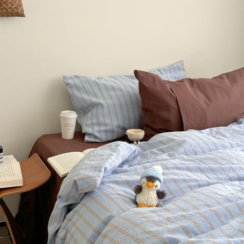 AOJIM Sky‑Blue & Warm‑Taupe Striped Duvet Cover Twin XL 3Pcs Retro Bedding