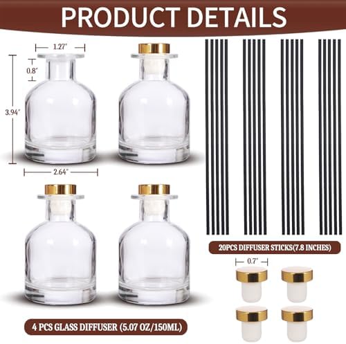 4 Pack Perfume Reed Diffuser Bottle,Empty Big Belly Aromatherapy Essential Oil Bottles Glass Jar with Black Sticks for DIY Fragrance Replacement Diffuser Sets (150ml/ 5 oz, Transparent Color)