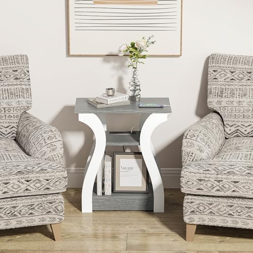 FROMJBEST End Tables Living Room, Grey End Table with Charging Station