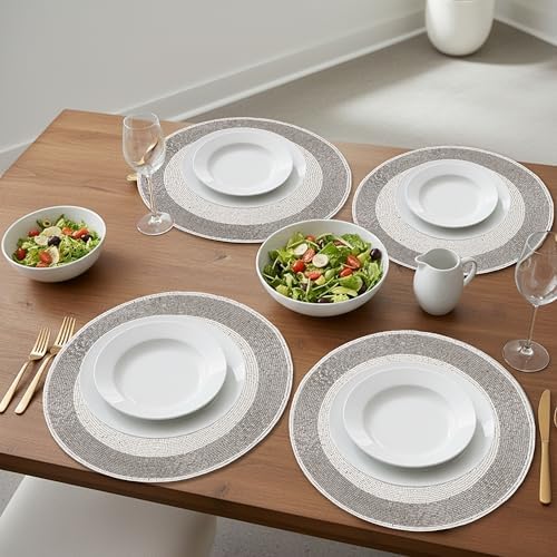 ALPHA Living HOME Beaded Placemats Set of 4 13 Inch Silver White Round Mats