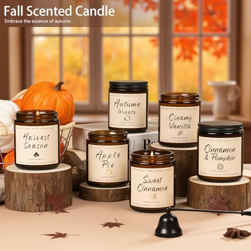 Auelife Fall Candles, 6 Pack Scented Candle Set, 42 oz Holiday Soy Candles, Candle Gifts Set for Men and Women, Home Decor of Wreath/Apple/Latte/Harvest/Vanilla/Cinnamon