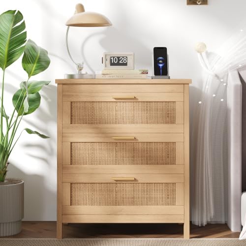 Keehusux Rattan Nightstand with Charging Station and 3 Drawers, Natural