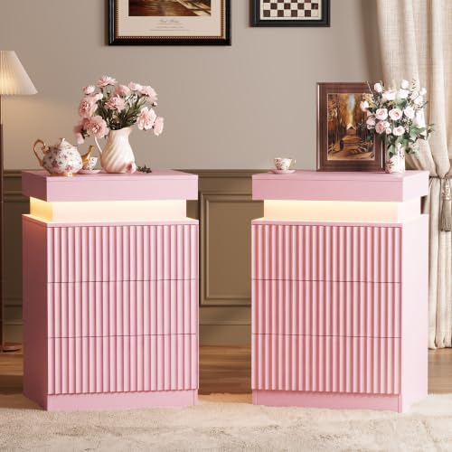Nightstand Set of 2 with Charging Station and RGB Lights, Pink
