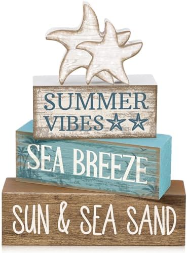 Yuntau 4 Pcs Summer Beach Decorations for Home Beach Tiered Tray Decor Starfish Coastal Rustic Starfish Wooden Block Table Sign Stacked Book Nautical Table Centerpiece for Farmhouse Office Desk Shelf