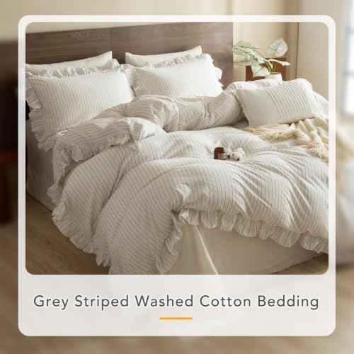 Striped Ruffle Duvet Cover Set Twin,2PCs Washed Cotton White Dark Grey Wide Stripes Ruffled Bedding Comforter Cover Extra Soft Lightweight Farmhouse Chic Quilt Cover Set Twin with Pillow Shams