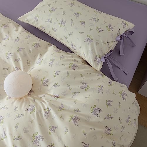 HighBuy Garden Floral Duvet Cover Twin XL with 2 Bowknot Bow Tie Pillowcases Coquette Aesthetic Comforter Cover Soft Cotton 3 Piece Botanical Boho Duvet Cover with Purple Flowers Bedding Set