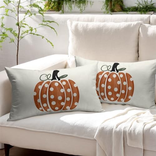 Fall Pumpkin Throw Pillow Cover 20X12 Inch Set of 2 Autumn Orange Pumpkin Outdoor Pillow Cases Polka Dot Beige Thanksgiving Farmhouse Lumbar Cushion Covers for Sofa Couch Porch Patio Home Decor