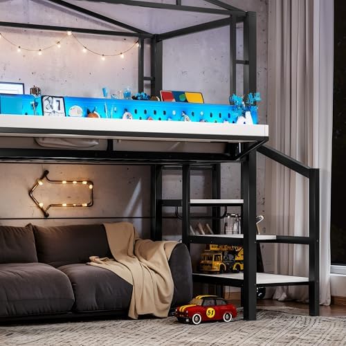 Bellemave Twin Size Metal House Loft Bed with Slide and Stairs,Black