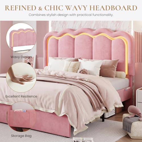 SHA CERLIN Full Size Bed Frame with LED Lights and Storage Drawer, Pink