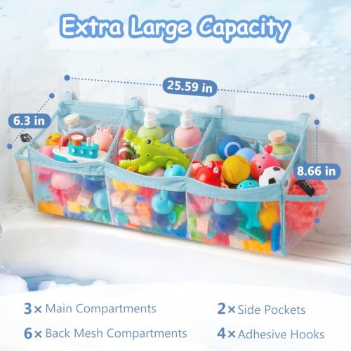 Extra Large Bath Toy Organizer with 3 Compartments and Multiple Pockets, Quick-Dry Mesh Bathtub Storage for Kids' Toys (Blue)