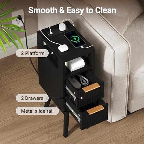 Narrow Side Table with Charging Station, Skinny Fluted Nightstand, Black