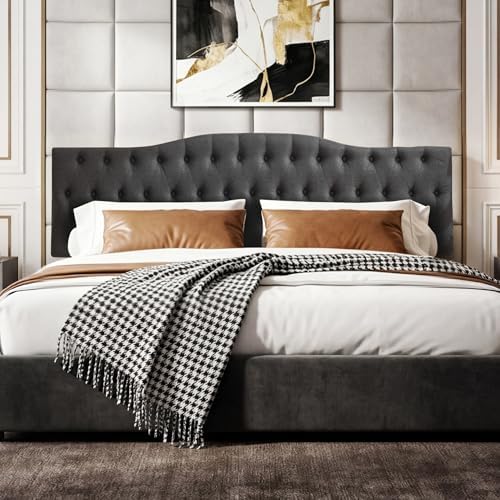 Iroomy Upholstered King Headboard, Button Diamond Tufted Headboard with Adjustable Height and Solid Wood Leg, Velvet Padded Headboards for King Size Bed, Modern Head Board, Dark Grey