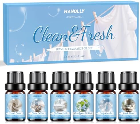 Essential Oils Set, Clean Scents Fragrance Oil Aromatherapy Essential Oils Kit for Diffuser (6x10ML) - Baby Powder, Bedtime Bath, Clean Cotton, Eucalyptus & Mint, Fresh Home, Fresh Linen Scented Oil
