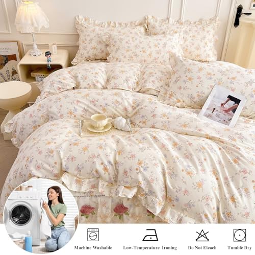 Floral Cotton Duvet Cover King Size 3 Pcs,100% Cotton Duvet Cover with 2 Pillowcases with Ruffles,Pink Rustic Aesthetic Breathable Soft Comfy Comforter Covers King 104"×90"