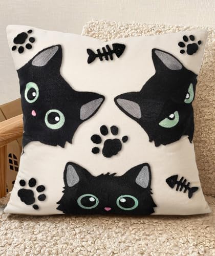 Embroidered Throw Pillow Cover 18x18 Inch, Cat Bone