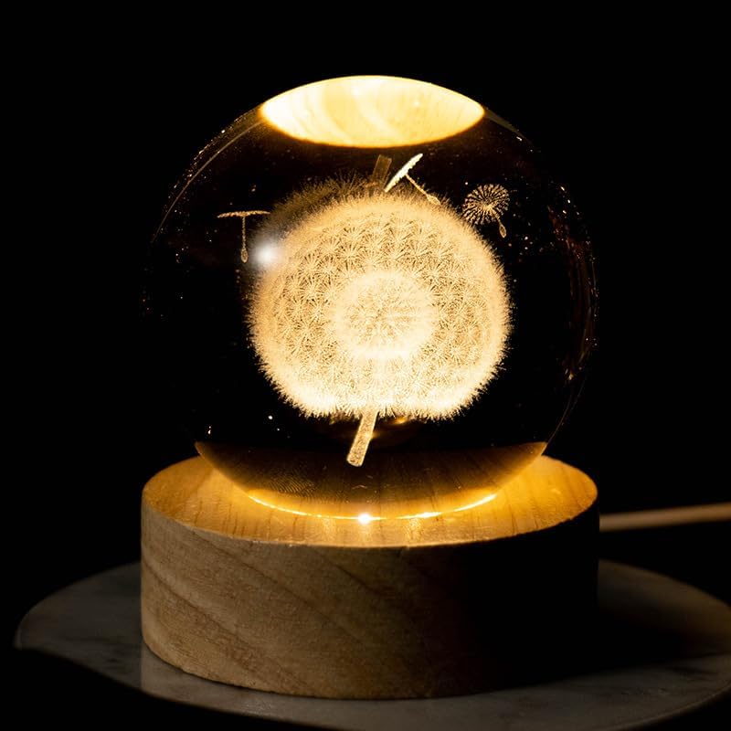 Dandelion 3D Dandelions Engraved Pattern with Wooden Lighted Base, LED Wooden Base Lamp with Switch, for Mom, Teacher, Christmas, Birthday, Valentine's Day