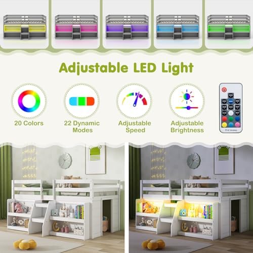 GIANTEX Twin Loft Bed with LED Lights, Wooden Loft Bed Twin Size with Stairs & Safety Guardrail, Low Loft Bed for Kids with Storage Bookcase and Under-Bed Play Space, White