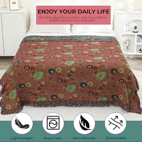 100% Cotton Floral Boho Throw Blanket for Bed 80" x 90" Green