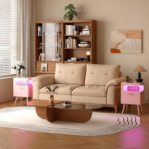 Veegle Nightstand,Modern Bedside Table with Storage Drawer and Open Wood Shelf, Accent Night Stand with Solid Wood Legs for Living Room, Bedroom and Small Spaces,Easy Assembly (Pink-1)