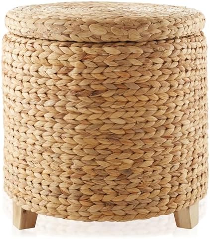 Casafield 17" Round Storage Ottoman with Lid - Natural, Handwoven Water Hyacinth Footstool for Living Room, Bedroom, Bathroom, Home Office