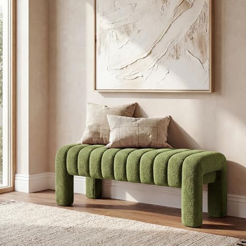 43.3" Dining Room Bench, Green Tufted Upholstered End of Bed Bench, Modern Entryway Ottoman Window Seat with Solid Wood Legs and Padded Seat for Bedroom, Hallway and Living Room (Boucle)