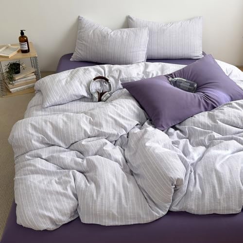 Cottage Lilac Striped Twin Duvet Cover Vintage Textured Bedding Set 3-Piece