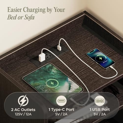 Huuger Nightstand Set of 2 with Charging Station, USB-C Port, End Tables