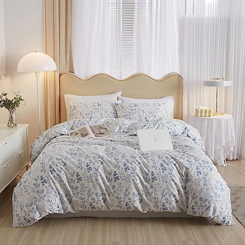 mixinni Small Floral Print Duvet Cover Queen Blue Flower Leaf Duvet Cover Set Soft Cotton White Bedding Comforter Cover Zipper Closure 4 Corner Ties for Him and Her-Queen Size
