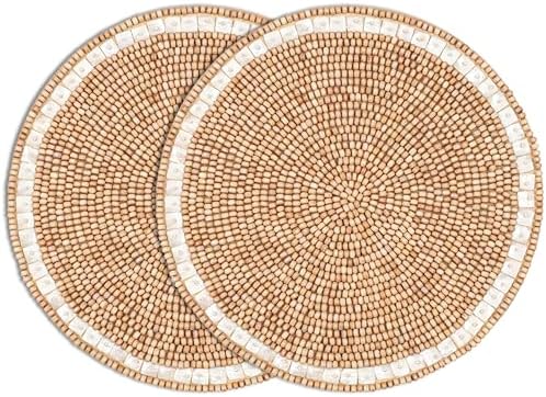 ALPHA Living HOME Woven Placemats Set of 2 Ivory Light Brown Wood MOP Mats