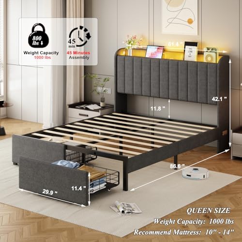 Queen Size Bed Frames with Storage Headboard and 2 Drawers, Upholstered Platform Bed Frame Queen with Led Lights and Handy Charging Station, No Box Spring Needed, Easy Assembly, Noise Free, Gray