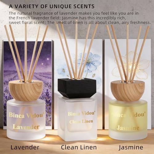 Reed Diffuser Set, Binca Vidou Lavender Linen Jasmine Natural Scent 3.38oz
