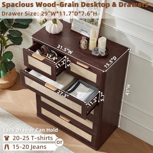 LEYAOYAO Dresser for Bedroom, 41" Tall Chest of Drawers, Modern 6 Drawers Boho Rattan Dressers with Storage, Dresser Wooden Closet Organizer for Living Room, Hallway