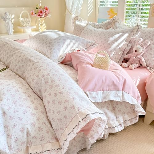 HighBuy Ruffled Duvet Cover Full Size,Farmhouse Pink Floral Bedding Comforter Cover with 2 Ruffle Lace Pillowcases,Chic Cottagecore Pink Princess French 100% Cotton with Zipper Closure,Full