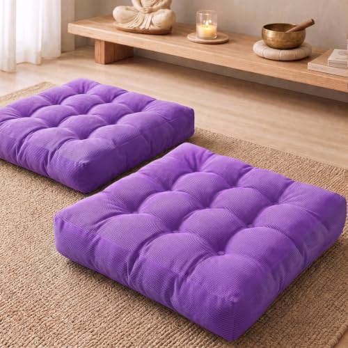 Degrees of Comfort Square Tufted Corduroy Floor Cushions, Large Pillows Seating for Adults, Meditation Pillow for Balcony Tatami Living Room, 22x22 Inch, Purple