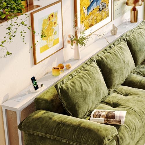 Huuger 110.2 Inch Behind Couch Table with 2 Power Outlets and USB-C Ports, Extra Long Narrow Sofa Table for Sectional Sofa, Skinny Console Table with Anti-Bump Pads, for Living Room, White