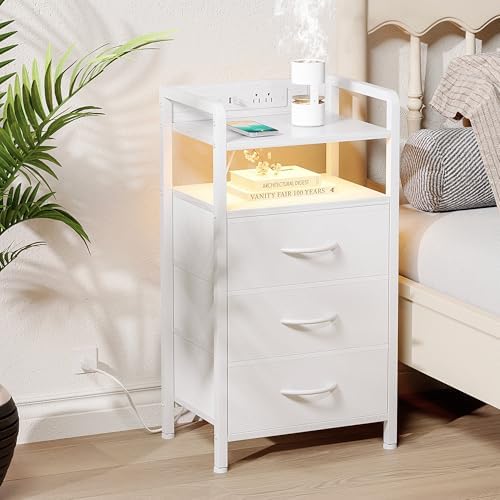 Lazzanto Nightstand with Rear Charging Station, LED Light, 3 Drawers, White